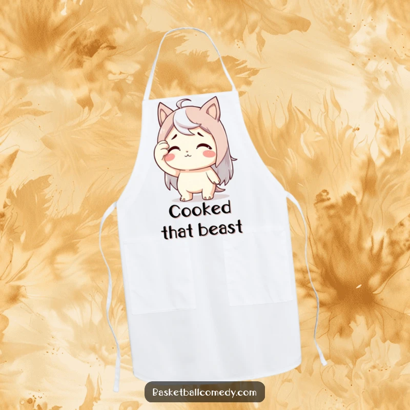 Funny apron featuring a cute character wiping sweat from its brow with extreme relief, perfect for chefs who’ve finished a big meal.