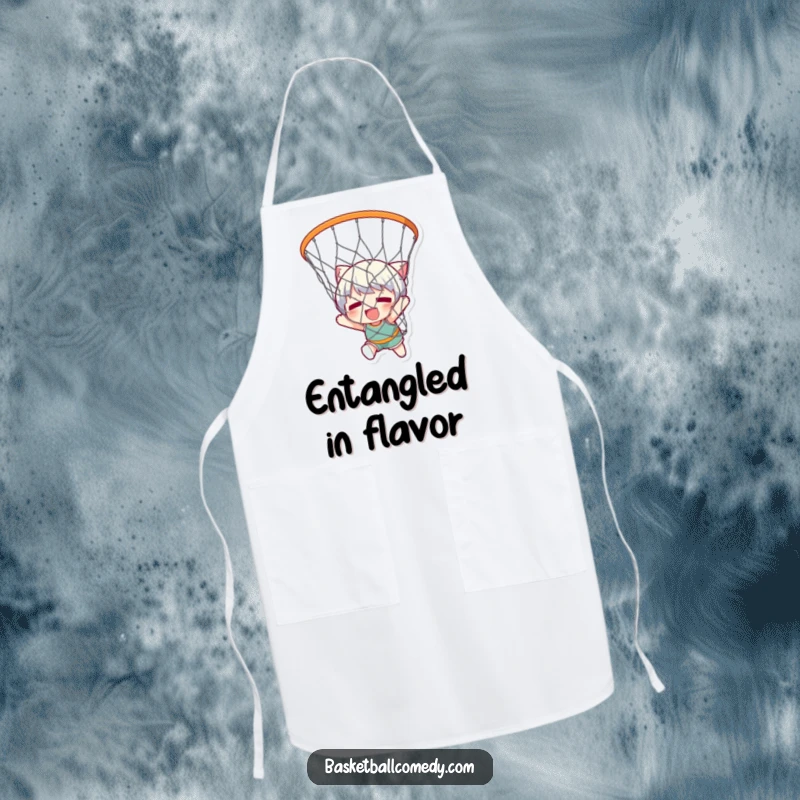 Funny apron featuring a cute character comically stuck in a basketball net, a humorous kitchen accessory for playful chefs.