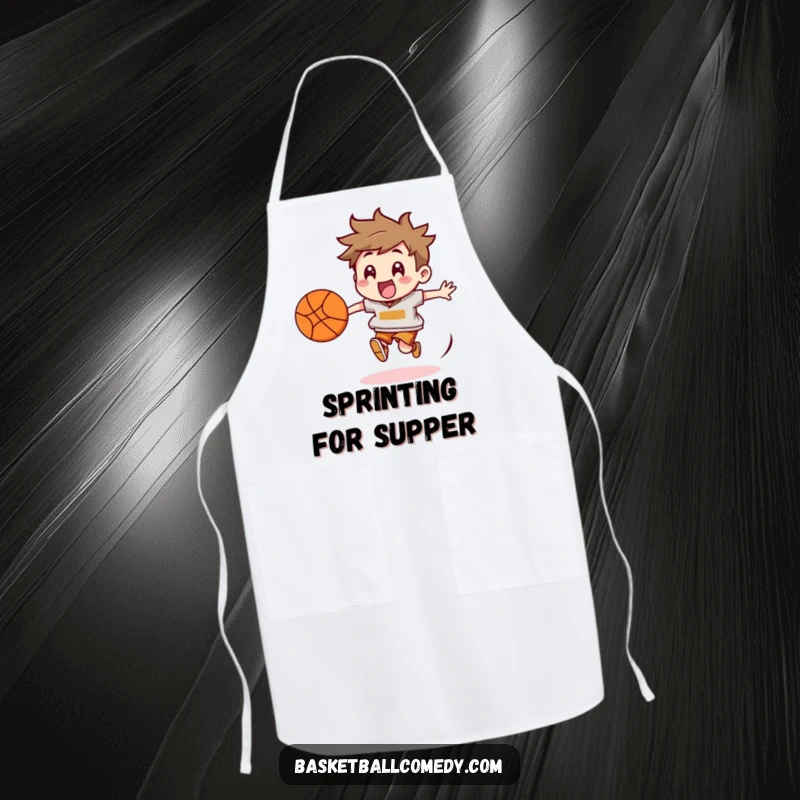 Funny Basketball Chaser Apron: Cute character energetically chasing a bouncing basketball, adding excitement to kitchen tasks.
