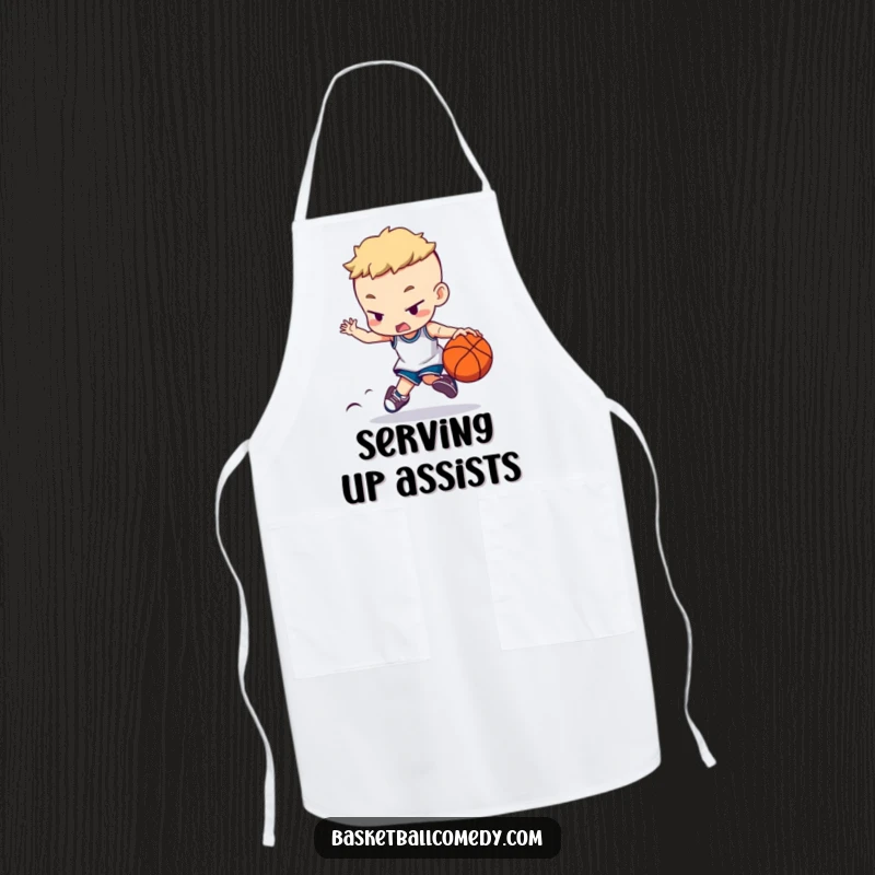 Funny apron with a character dribbling a basketball, showcasing intense concentration, perfect for kitchen warriors and a humorous gift.