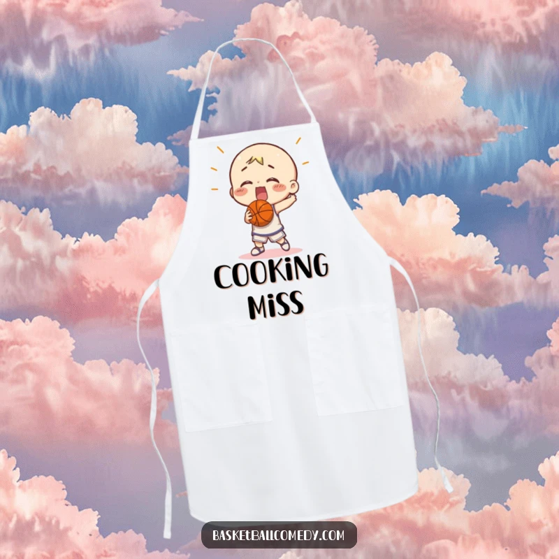 Funny character comically missing a basketball shot on a kitchen apron. Ideal for chefs and athletes with a sense of humor.