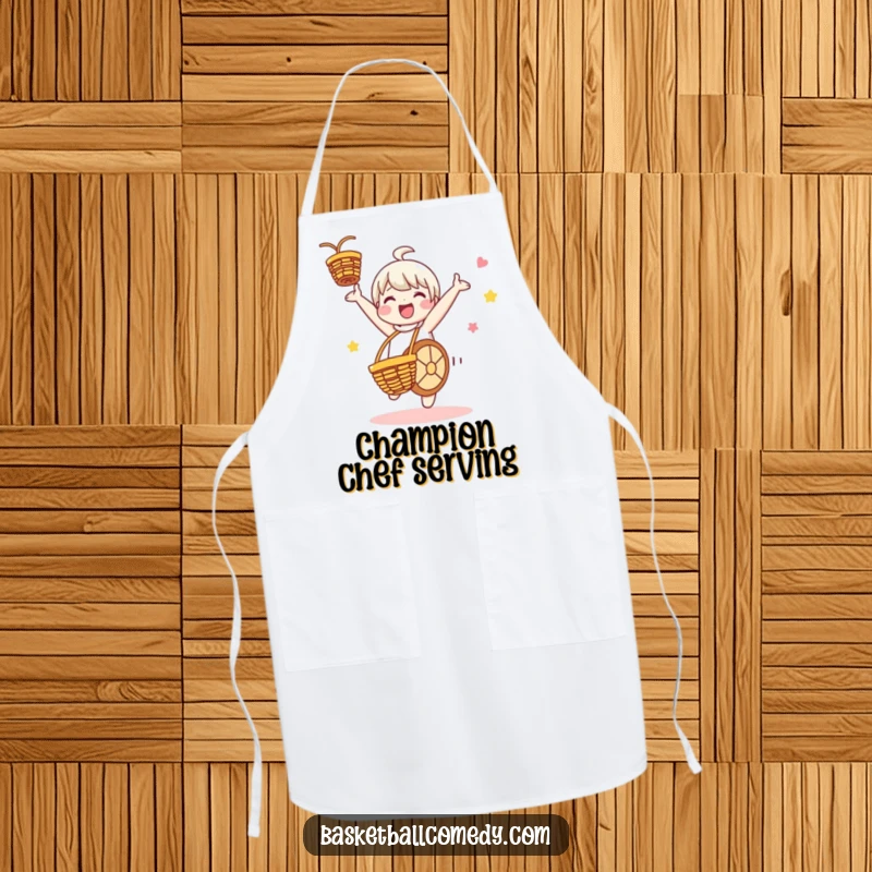 Funny apron showing a cute character performing a cartwheel after a basketball basket, adding a playful and energetic touch to kitchen duties.