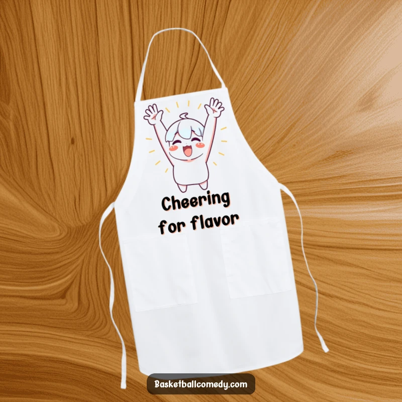 Funny apron showing a cute character excitedly cheering with both arms raised high, bringing celebratory humor to the kitchen.