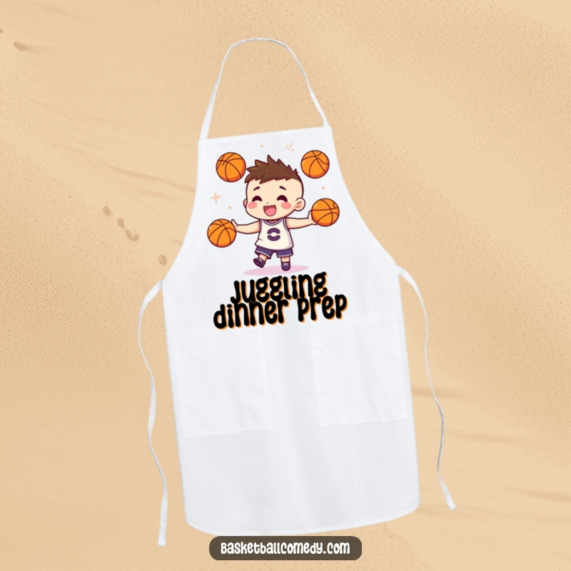 Funny apron featuring a cute character juggling three miniature basketballs with impressive flair, perfect for chefs who appreciate skill.