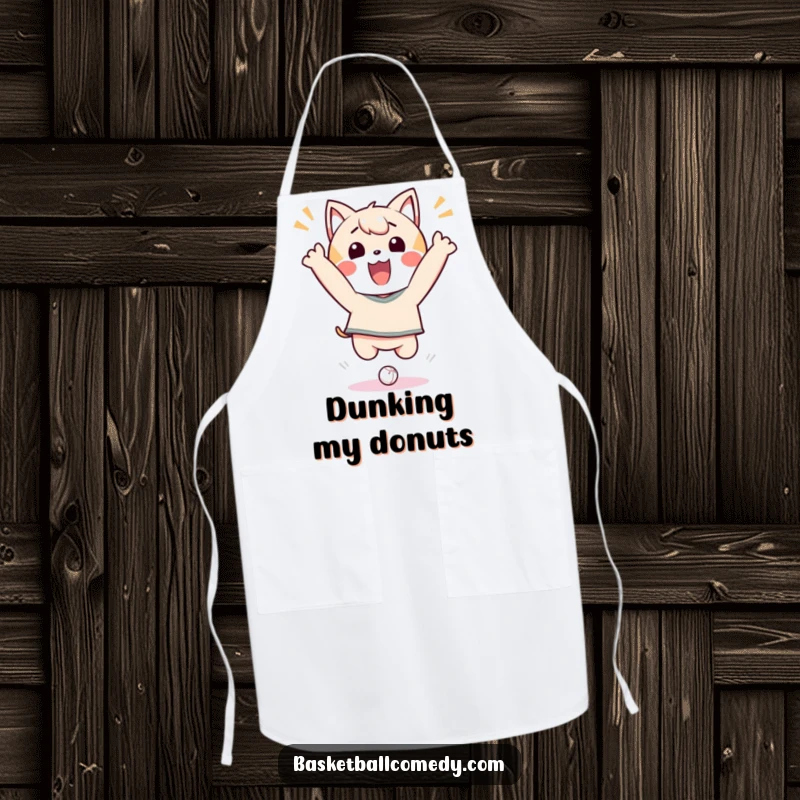 Funny Apron with a cheerful Kawaii character in a dynamic pose, celebrating a successful dunk like a kitchen champion.