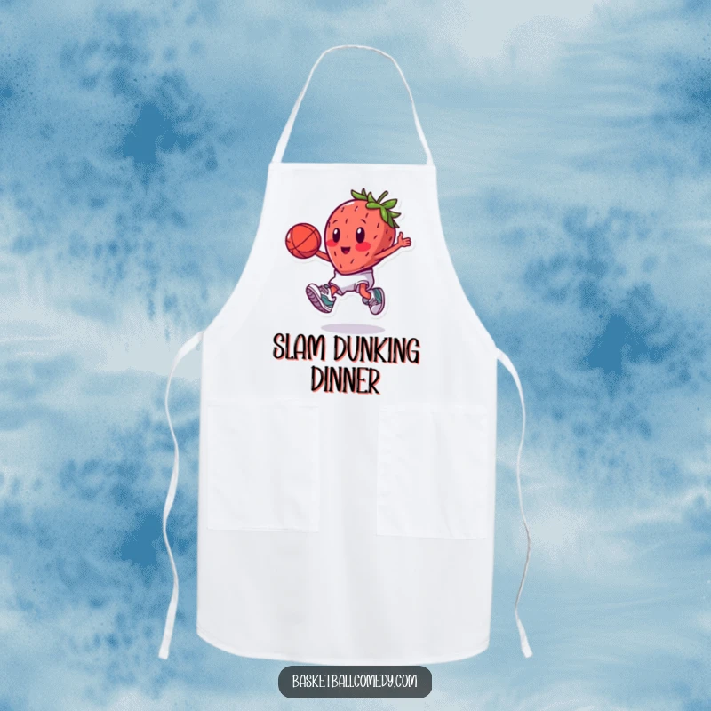 Funny cartoon strawberry wearing sneakers, playing basketball and dunking, ideal funny gift for chefs.
