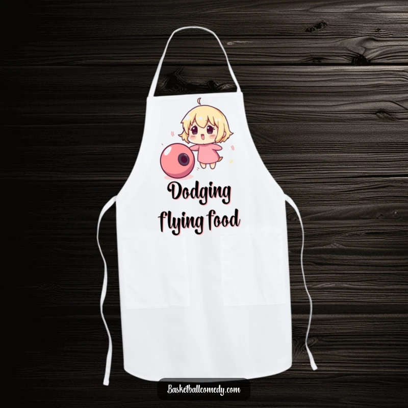 Funny apron featuring a cute character comically surprised by a runaway, bouncing basketball, perfect for kitchen adventures.