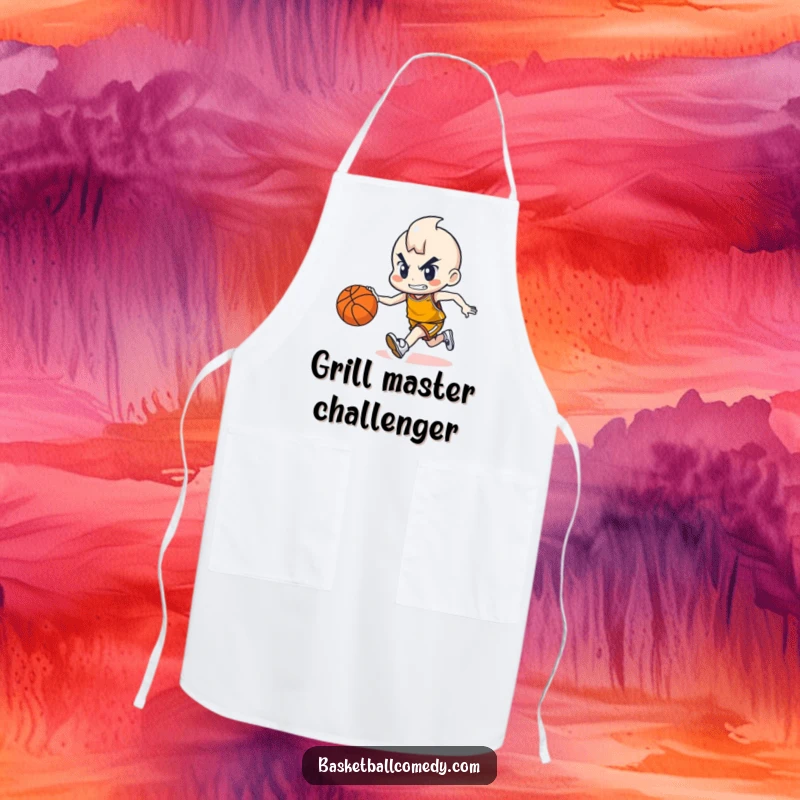 Funny apron depicting a cute character determinedly dribbling a basketball, adding sporty fun and protection to kitchen activities.