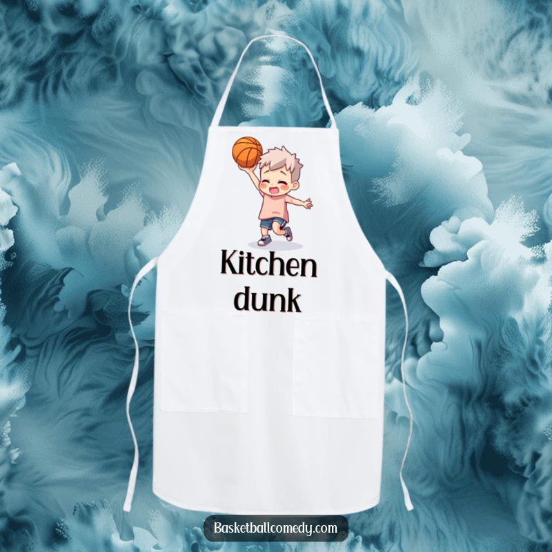 Funny basketball dancer apron showing a character doing a silly dance with a basketball while cooking, ideal for a fun kitchen.