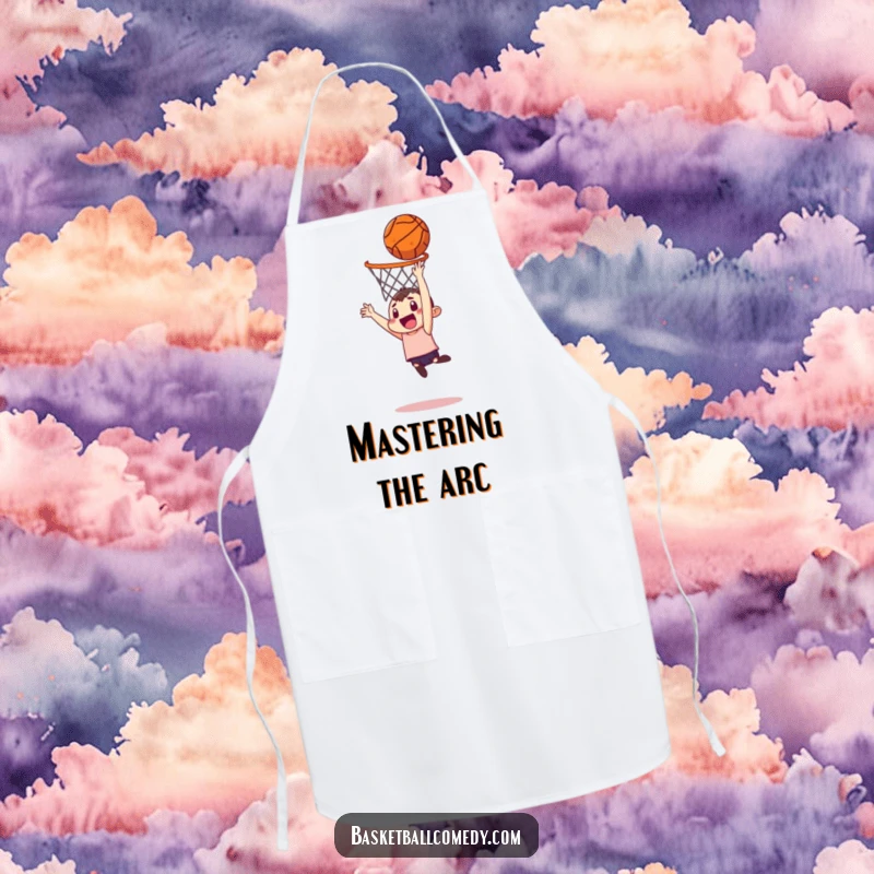 Funny apron showing a character attempting a basketball dunk from a ridiculous distance, perfect for a humorous kitchen.