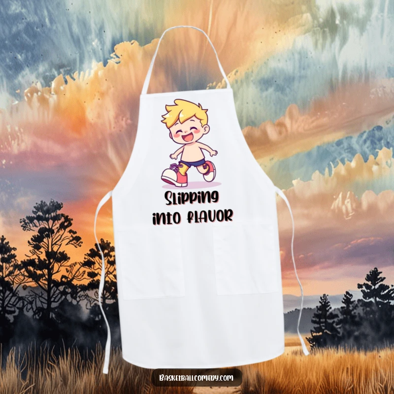 Funny apron showing a cute character playfully stumbling with oversized shoes, wearing a happy grin, bringing kitchen humor.