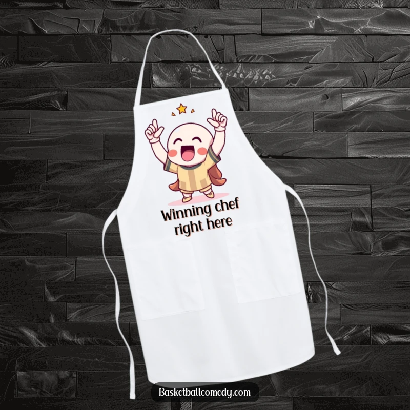 Funny apron adorned with a character celebrating a score, arms raised in a triumphant pose, ideal for a victorious cook.
