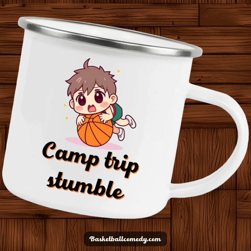 Funny character tripping over a basketball with a surprised face on a durable camping mug. Perfect for outdoor enthusiasts who love a laugh.