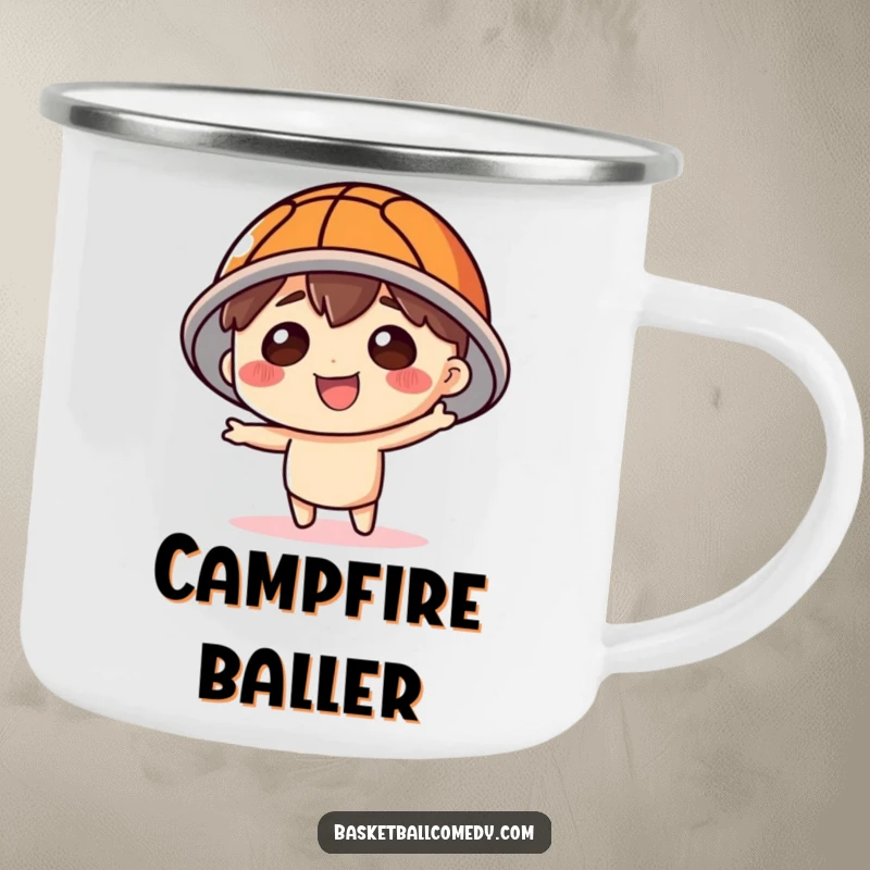 Funny Basketball Hat Camping Mug: Cute character with a basketball hat, ready for outdoor adventures and hot beverages.