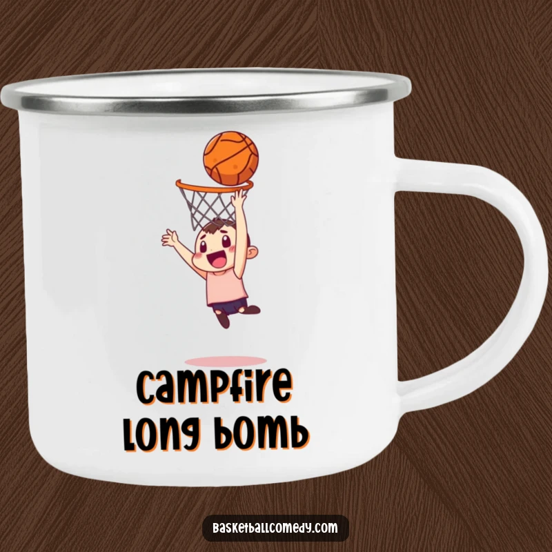 Funny camping mug depicting a character's humorous attempt at a long-distance basketball dunk, perfect for outdoor enthusiasts.