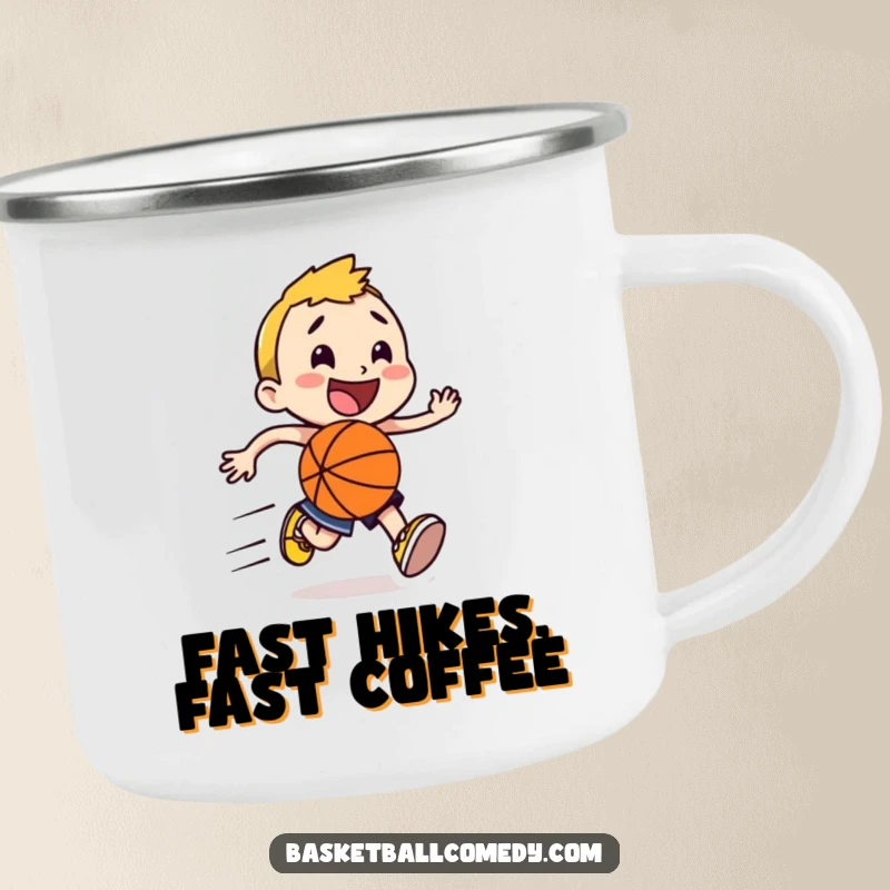 Funny character running with a basketball, speed lines trailing, printed on a rustic camping mug for a humorous feel.