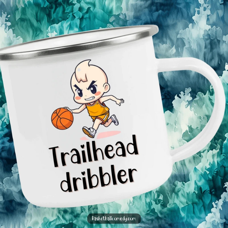 Durable funny camping mug with a cute character determinedly dribbling a basketball, perfect for sports enthusiasts on the go.