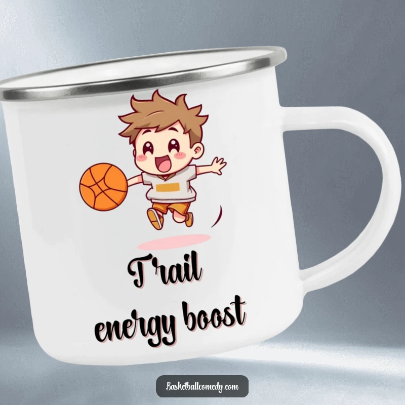 Funny Basketball Chaser Camping Mug: Cute character energetically chasing a bouncing basketball, ready for outdoor activities and warm drinks.