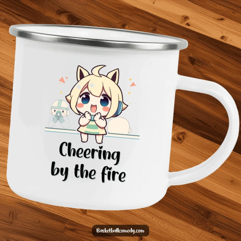 Funny camping mug with an excited character whose hands are clasped, cheering during a game, perfect for enjoying beverages outdoors.