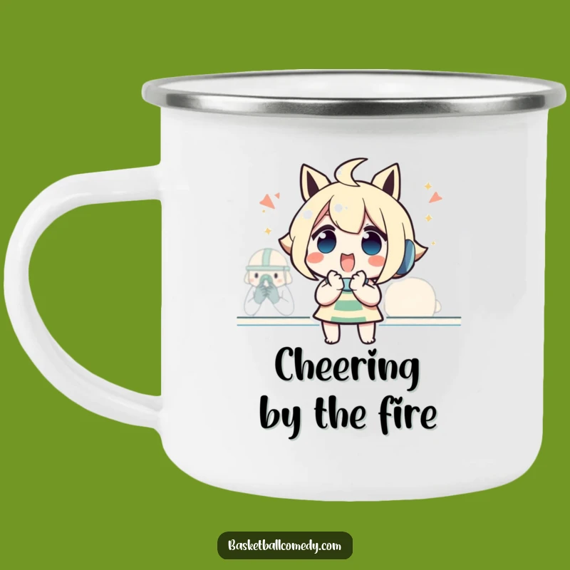 Funny Cheering Character Camping Mug: Sip Your Drink with Fan Excitement Outdoors
