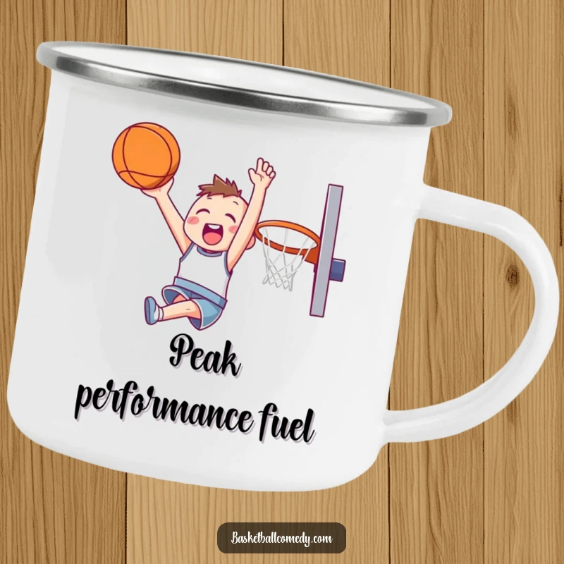 Funny camping mug with a cute character happily soaring through the air, attempting a slam dunk, perfect for adventurous sips.