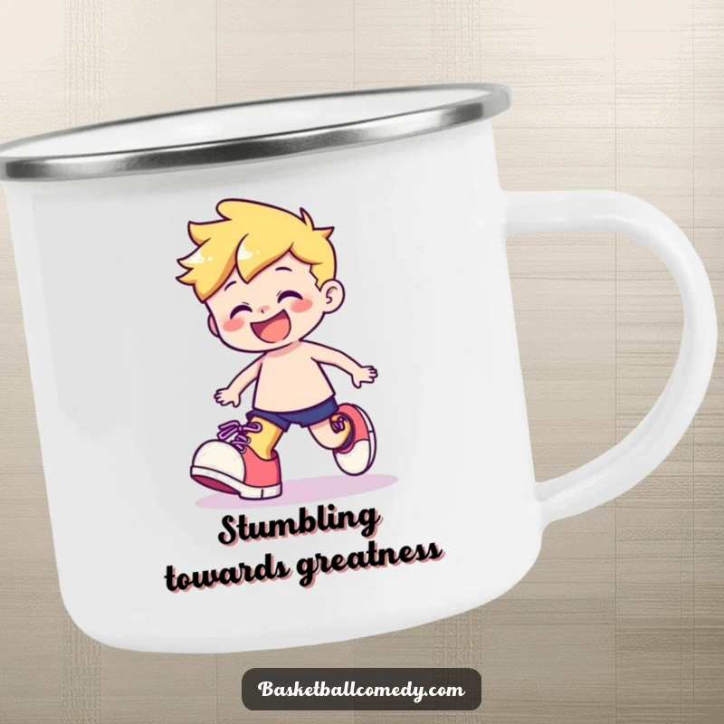 Funny camping mug with a cute character playfully stumbling with oversized shoes, wearing a happy grin, perfect for outdoor fun.