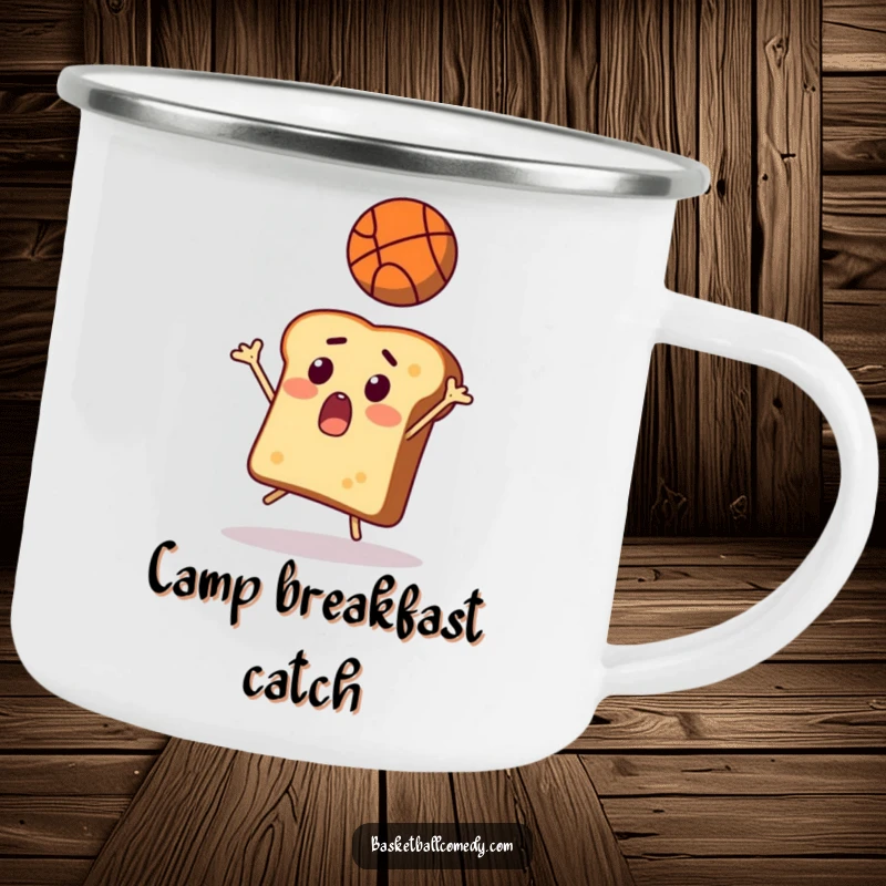 Funny toast camping mug, a surprised slice of bread trying to catch a basketball, perfect for outdoor fun and laughs.