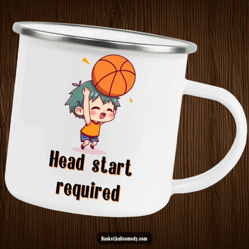 Funny camping mug depicting a character dazed after a basketball bounces off their head, a humorous touch for adventurers.