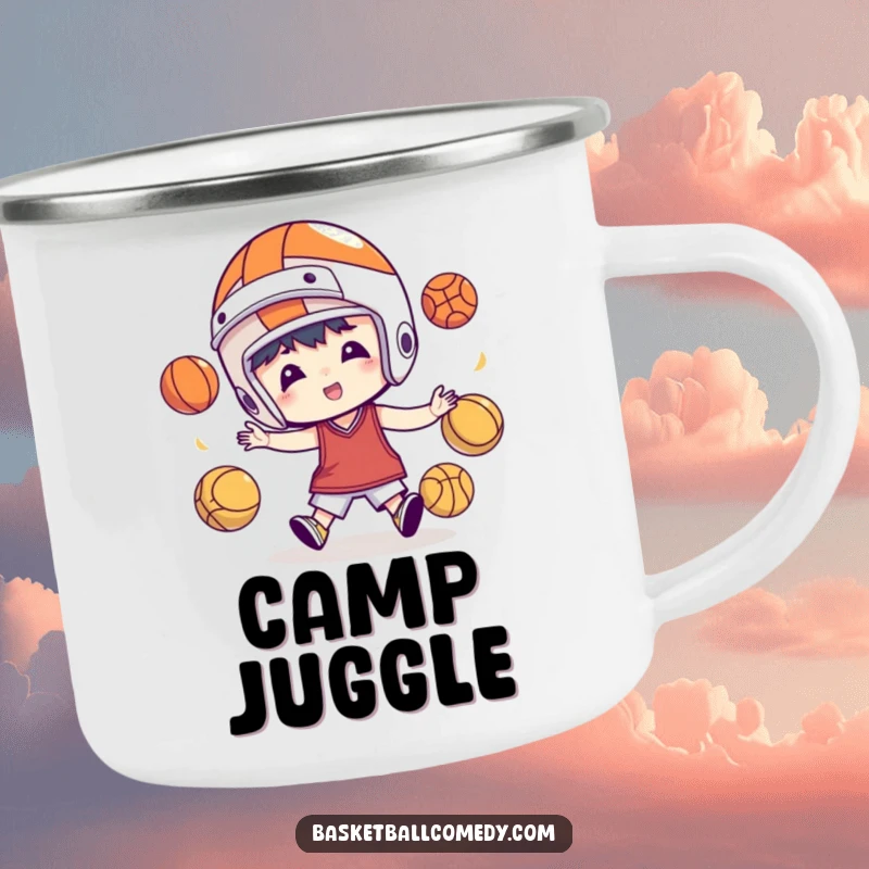 Funny camping mug with a character in a basketball helmet juggling basketballs, perfect for enjoying drinks during outdoor activities.