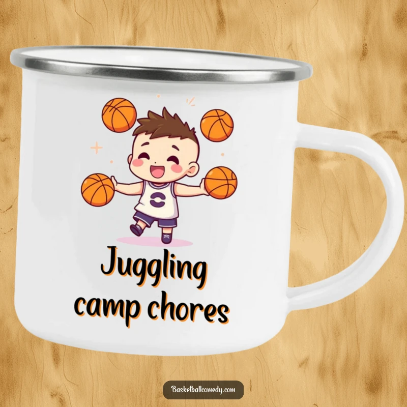 Funny camping mug with a cute character juggling three miniature basketballs with impressive flair, ideal for outdoor enthusiasts who love humor.