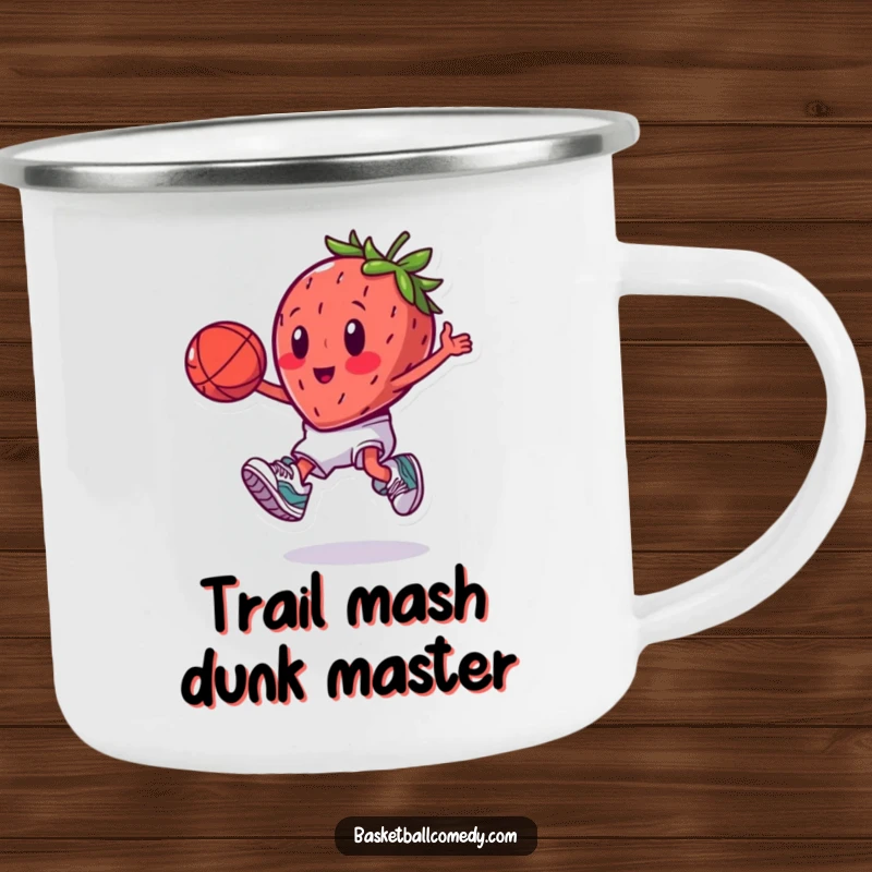 Funny cartoon strawberry wearing sneakers, doing a slam dunk, ideal for a humorous camping gift.