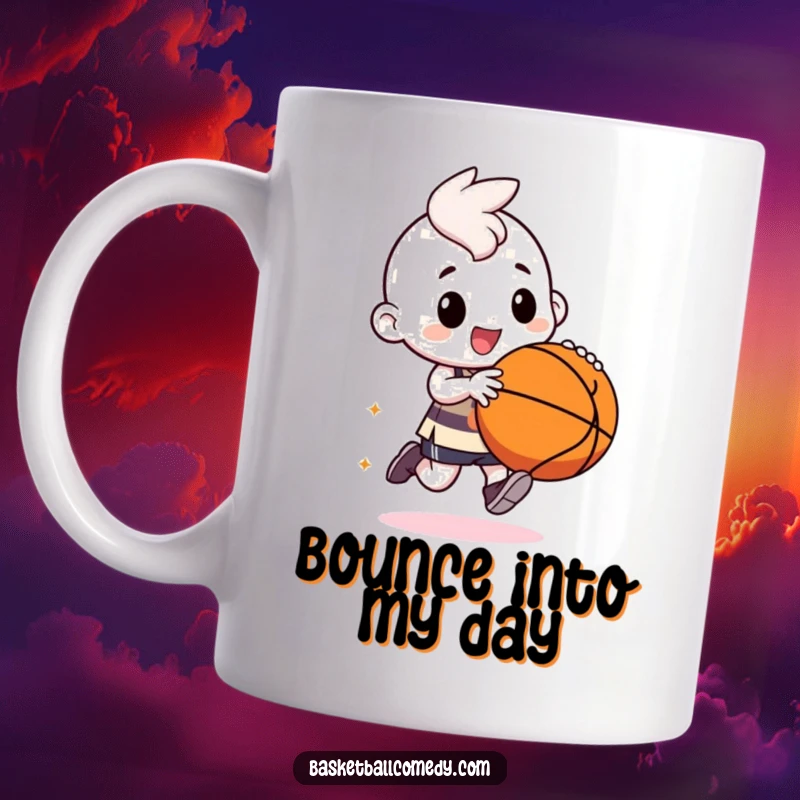 Funny kawaii character gleefully dribbling a large, bouncy basketball with wild, exaggerated movements and a huge smile.