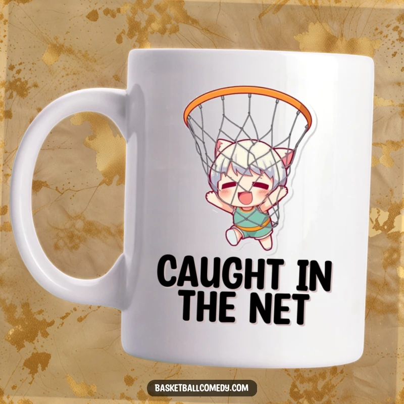Funny mug showing a cute character comically stuck in a basketball net, looking bewildered but endearing, a symbol of playful struggle.