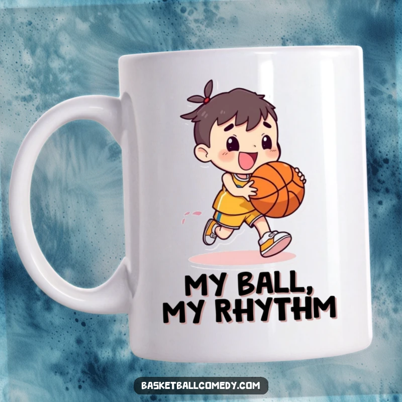 Funny mug showcasing a cute character joyfully dribbling a basketball with an exaggerated, bouncy motion, full of playful energy.