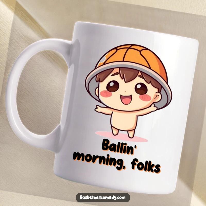 Funny Basketball Hat Mug: Cute character with a silly grin wearing a basketball as a hat, radiating sporty fun.