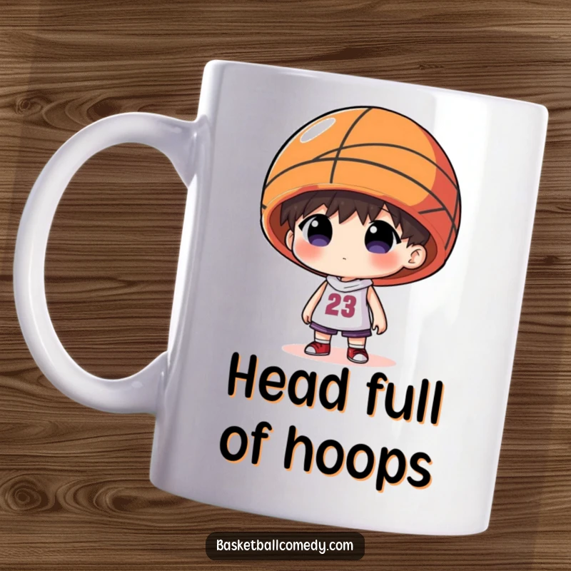Funny mug showing a character humorously wearing an oversized basketball as a hat, expressing playful basketball fandom.