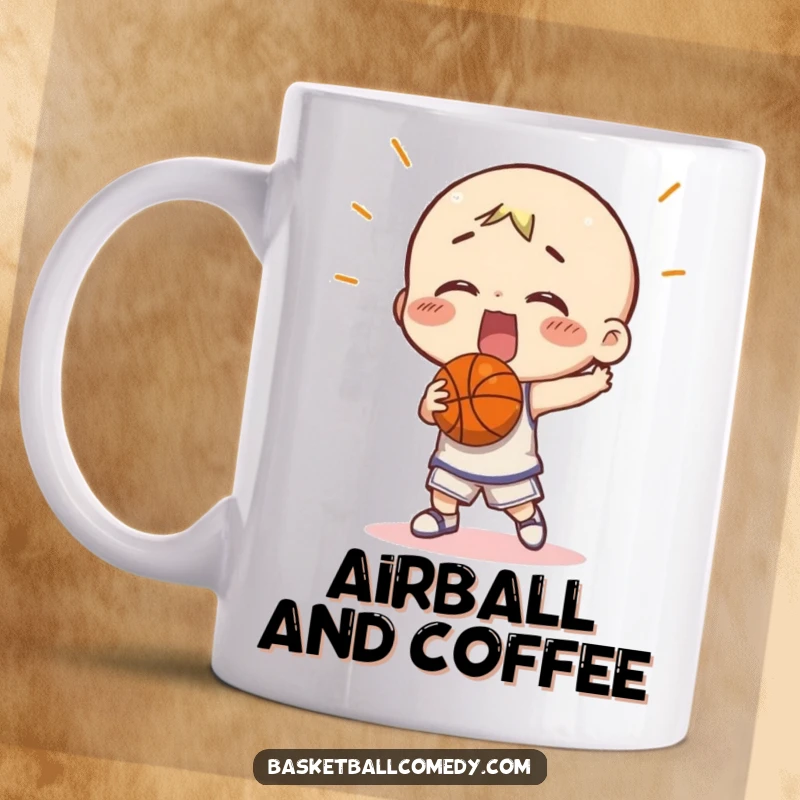 Funny little character comically missing a basketball shot, with the ball far off target. A humorous mug for basketball fans.