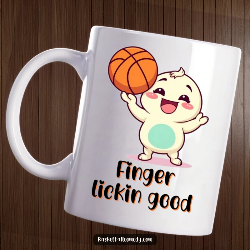 Funny mug showcasing a grinning character skillfully spinning a basketball on one finger, embodying playful athletic prowess.