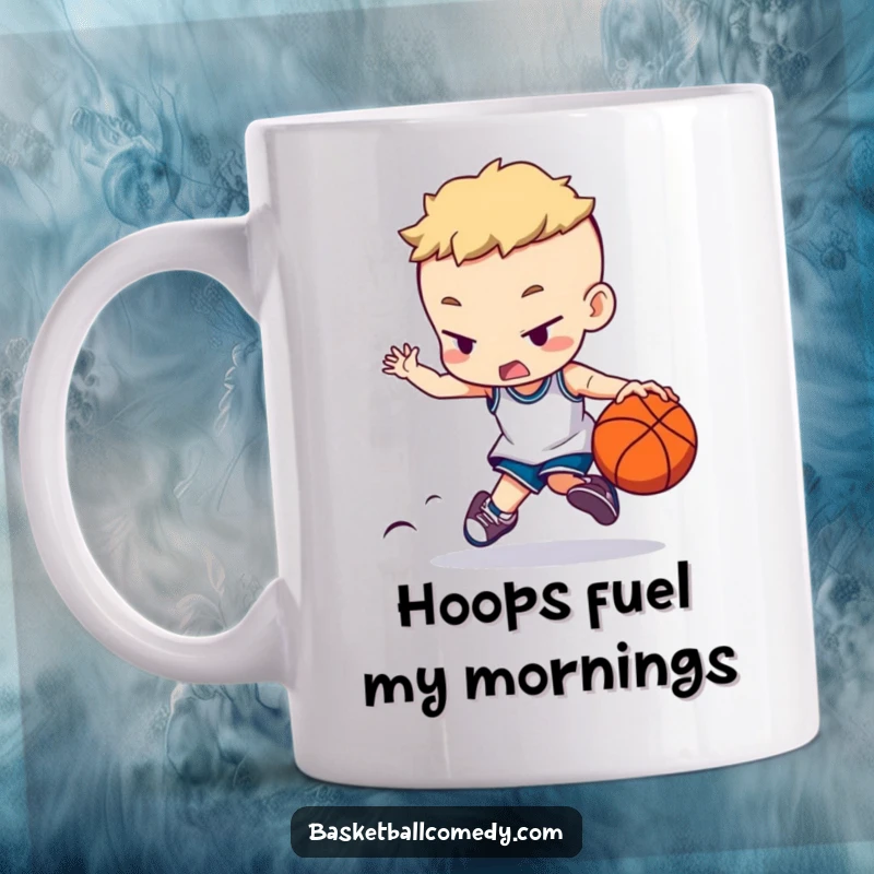 Funny mug with a hyper-focused character intensely dribbling a basketball, showcasing extreme concentration and dedication, a perfect gift.