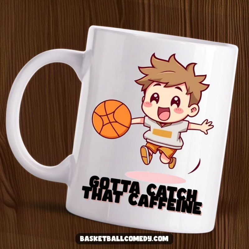 Funny Basketball Chaser Mug: Cute character energetically chasing a bouncing basketball, depicted with joy and speed.