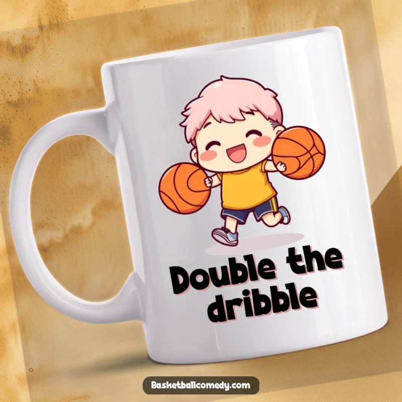 Funny mug showing a character skillfully dribbling two basketballs simultaneously, highlighting incredible ball-handling prowess.