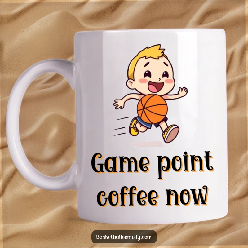Funny happy character running with a basketball, leaving a trail of speed lines, depicted on a mug for a humorous sports gift.