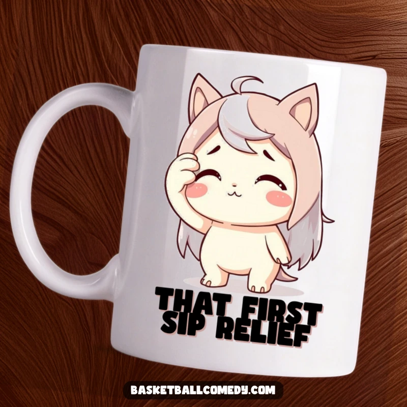 Funny mug featuring a cute character wiping sweat from its brow with exaggerated relief after a difficult task or close call.