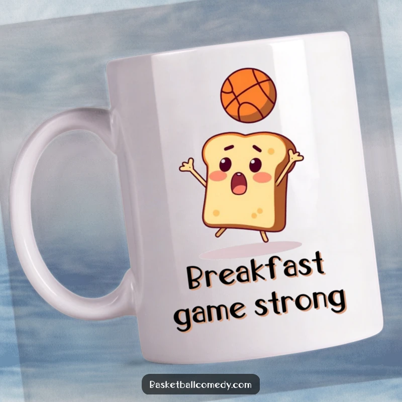 Funny toast mug, a surprised slice of toast comically attempting to catch a flying basketball with wide eyes.