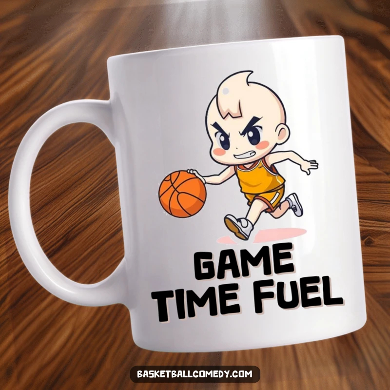 Funny mug showing a cute character determinedly dribbling a basketball with impressive skill and focus, ready to play.