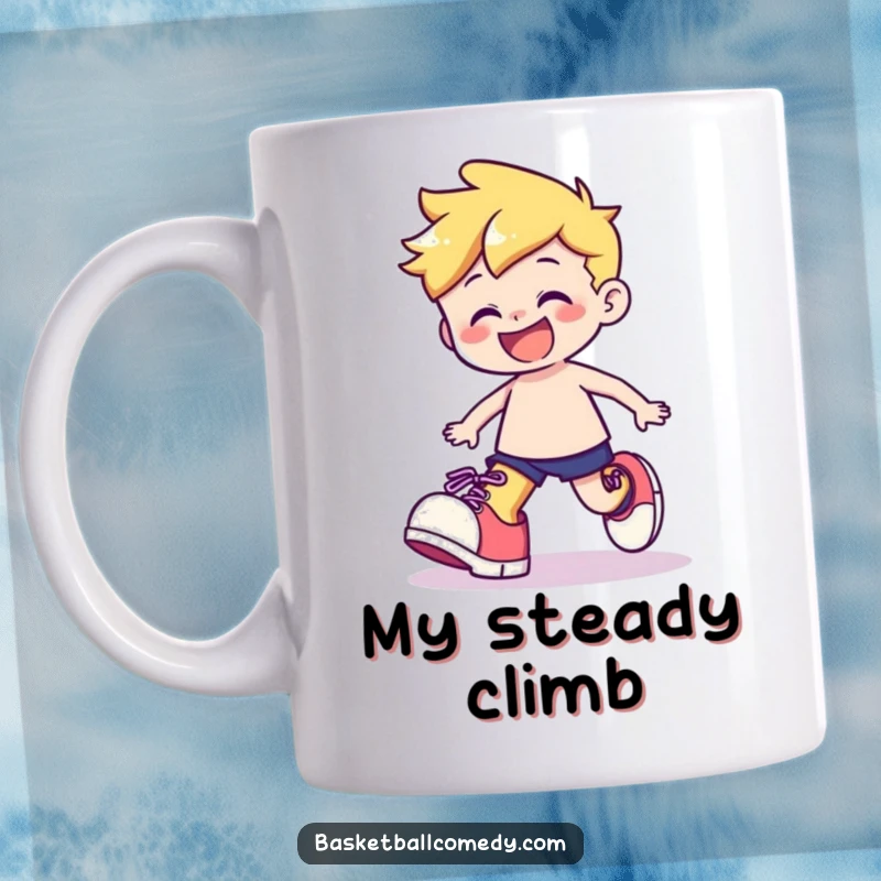 Funny mug showcasing a cute character playfully stumbling with oversized shoes, wearing a happy grin and embracing clumsiness.