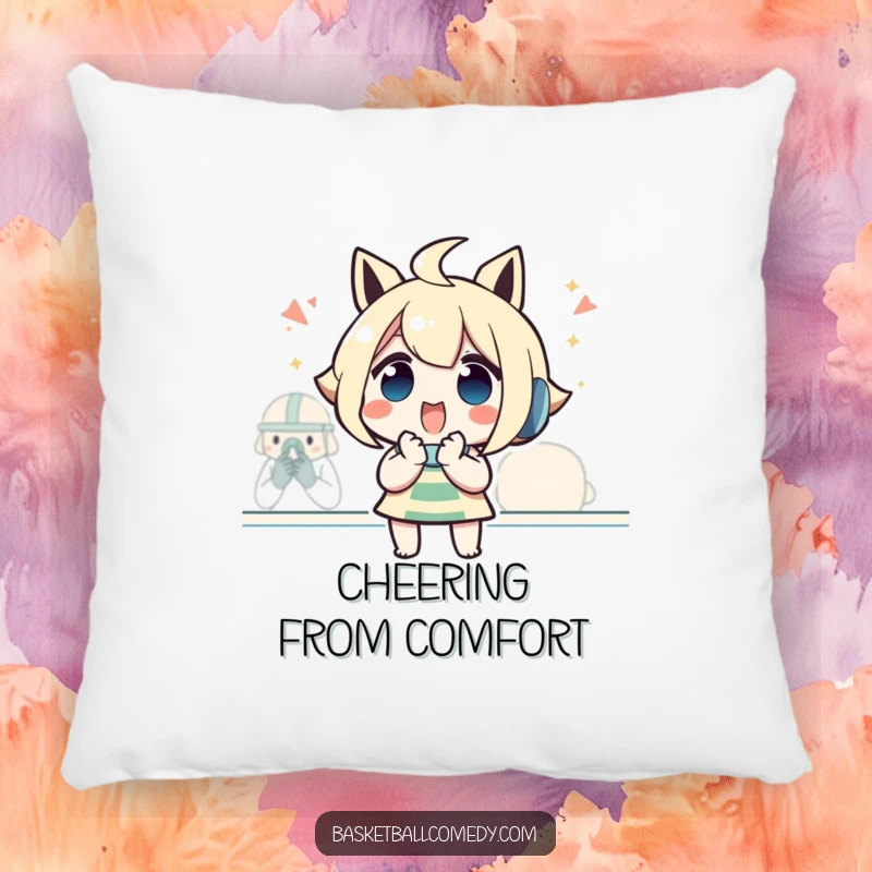 Funny pillow featuring an excited character with clasped hands, cheering enthusiastically during a game, offering comfortable fan-themed decor.