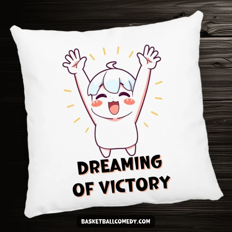 Funny pillow with a cute character excitedly cheering with both arms raised high, offering soft comfort and playful energy.