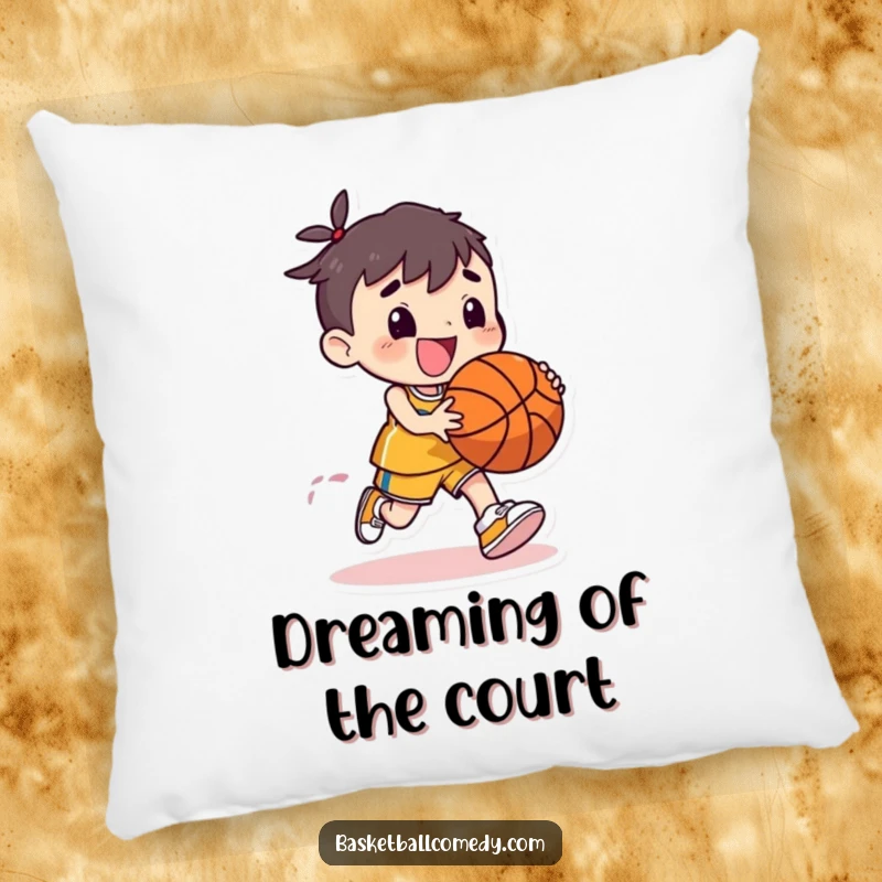 Funny pillow with a cute character joyfully dribbling a basketball with an exaggerated, bouncy motion, offering comfort and humor.