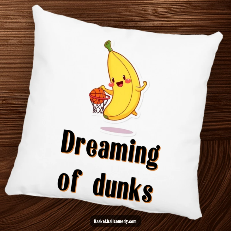 Funny banana pillow, a cheerful banana character attempting to dunk a basketball, offering soft, humorous comfort.